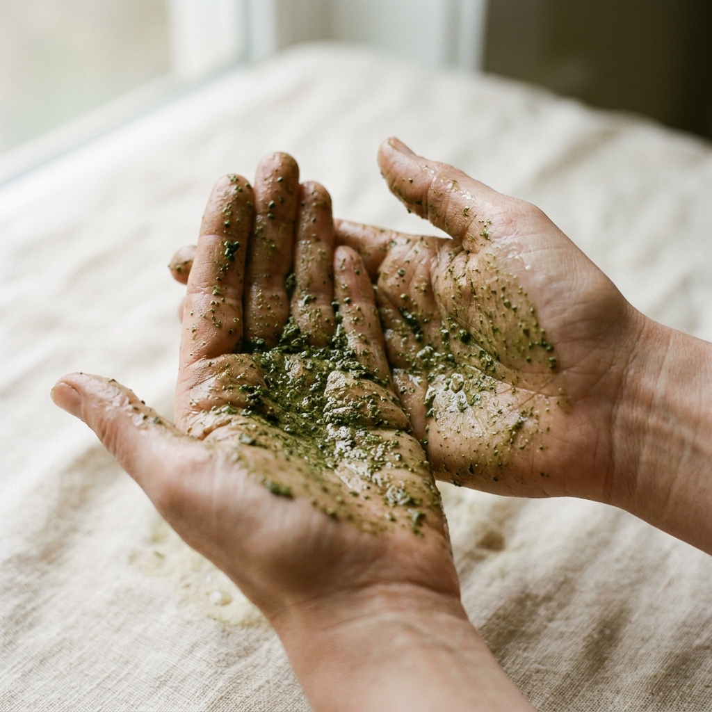 Two palms working wet powder into a paste.