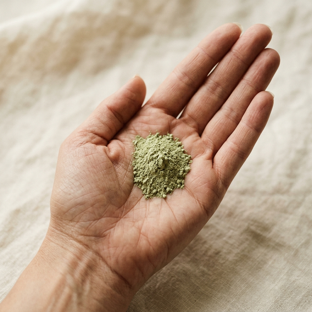 A dry palm holding a measured mound of herbal powder.