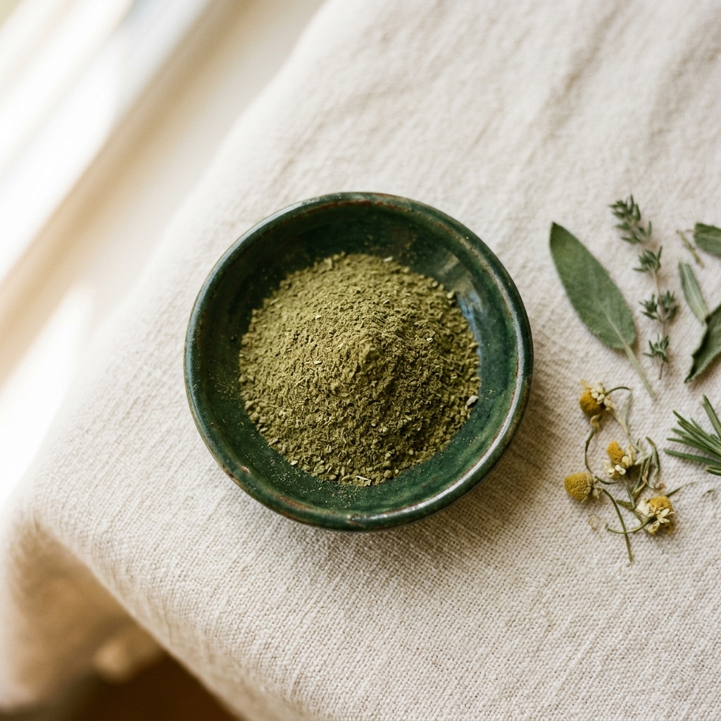 Loose herbal powder in a shallow ceramic dish.